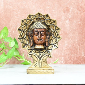 Brass Buddha Head Showpiece Home Decor Big Size (Copper finish) Lord Buddha Face in Lotus Statue Office Table Decorative Item