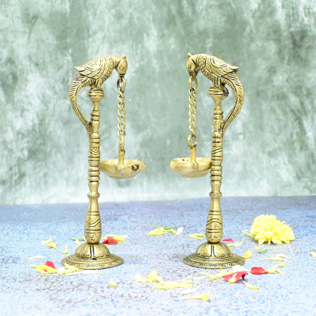 Parrot Diyas in Brass (7.5 Inch, 820 Grams) Hanging Diya Pair set for Home decor puja