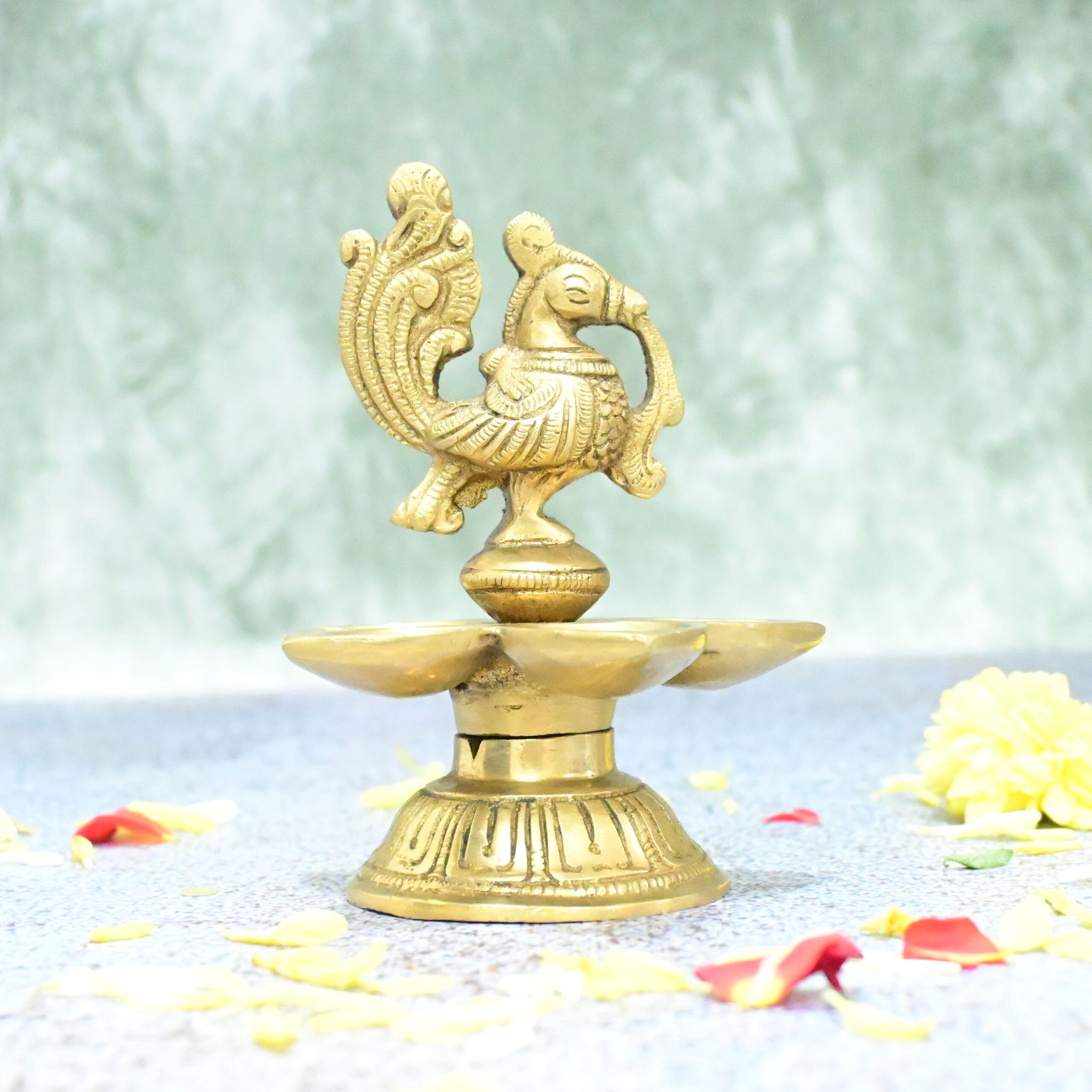 Brass Diya for Puja Small size (4.5 Inch) Peacock Five Wick Oil Lamp Vilakku Deepam Stand for Diwali Home Temple Decoration Pooja Mandir Living Room