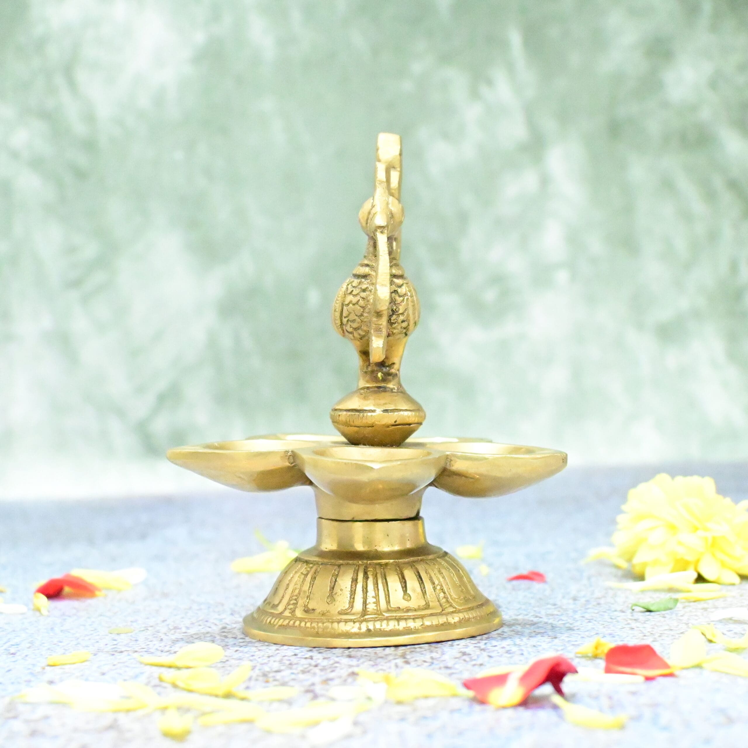 Brass Diya for Puja Small size (4.5 Inch) Peacock Five Wick Oil Lamp Vilakku Deepam Stand for Diwali Home Temple Decoration Pooja Mandir Living Room