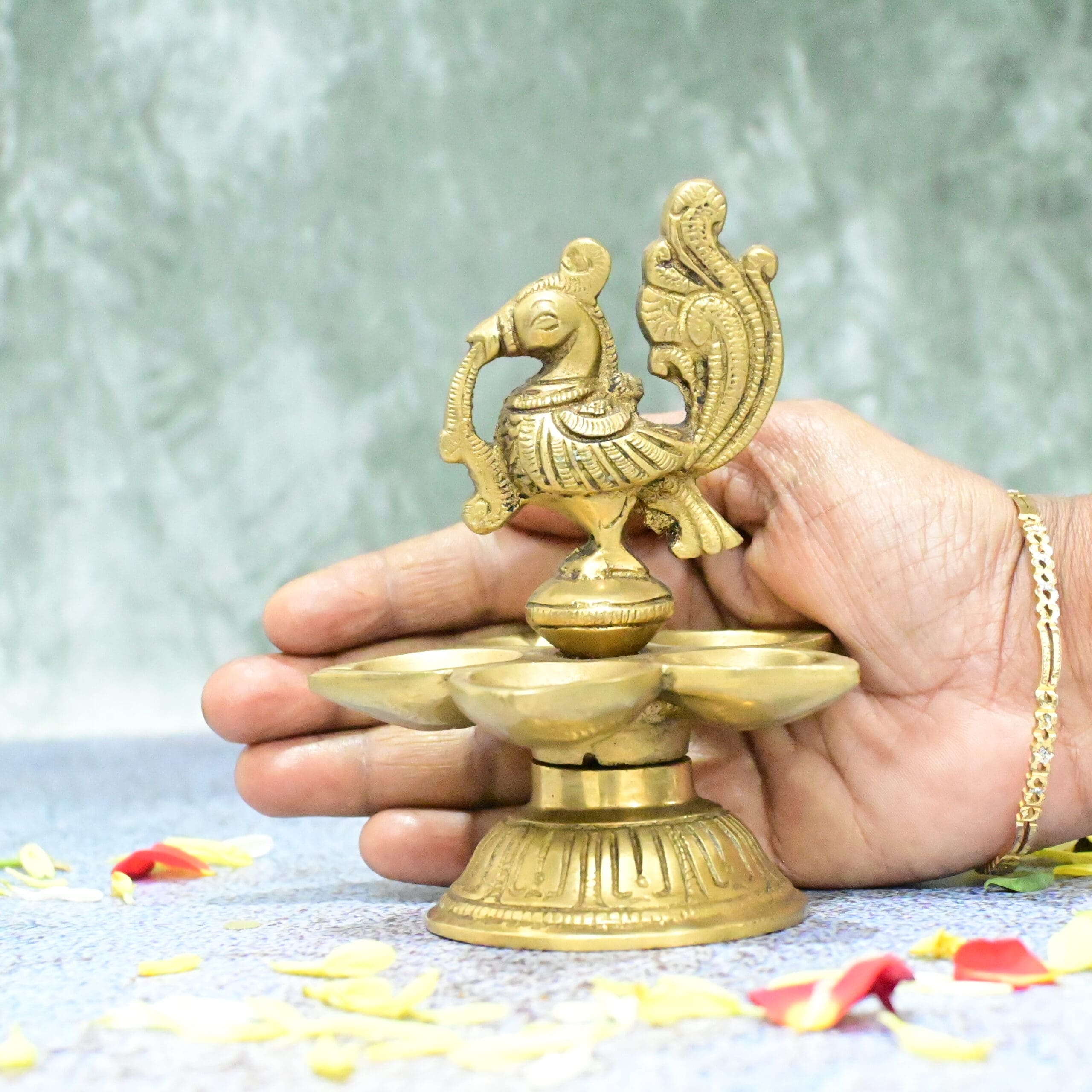 Brass Diya for Puja Small size (4.5 Inch) Peacock Five Wick Oil Lamp Vilakku Deepam Stand for Diwali Home Temple Decoration Pooja Mandir Living Room