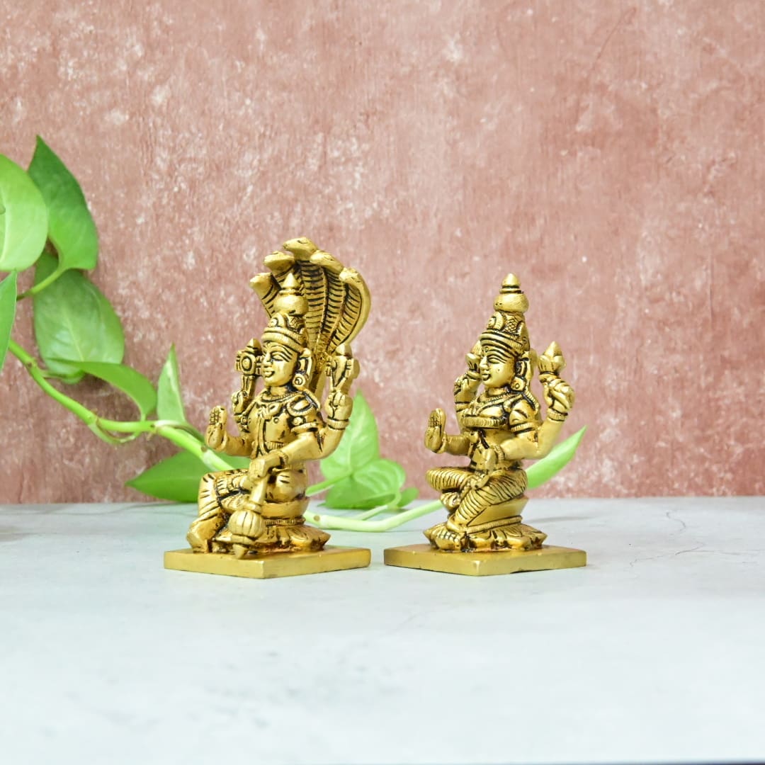 Vishnu Laksmi Brass Idol Set Small Size (5.5") Laxmi Narayan Murti Statue sitting Pooja room Home Decor hall