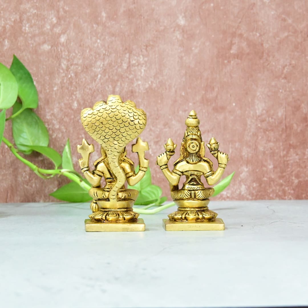 Vishnu Laksmi Brass Idol Set Small Size (5.5") Laxmi Narayan Murti Statue sitting Pooja room Home Decor hall