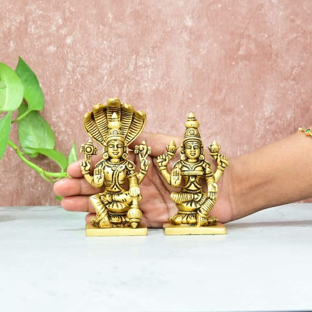 Vishnu Laksmi Brass Idol Set Small Size (5.5") Laxmi Narayan Murti Statue sitting Pooja room Home Decor hall
