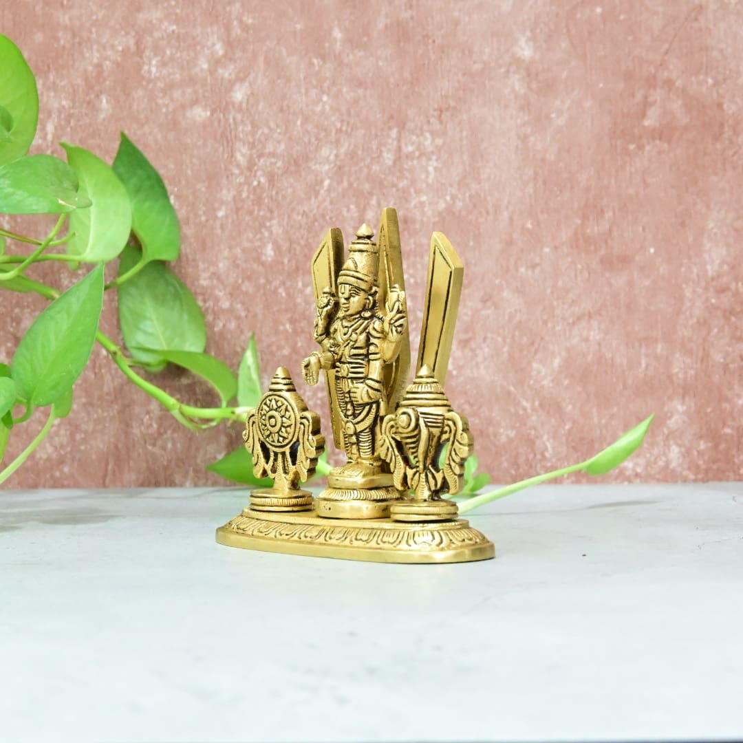 Brass Tirupati Balaji Idol stand with Sankha Chakra and Namah small size (780 Grams) Home Office Table Temple Decor and Pooja