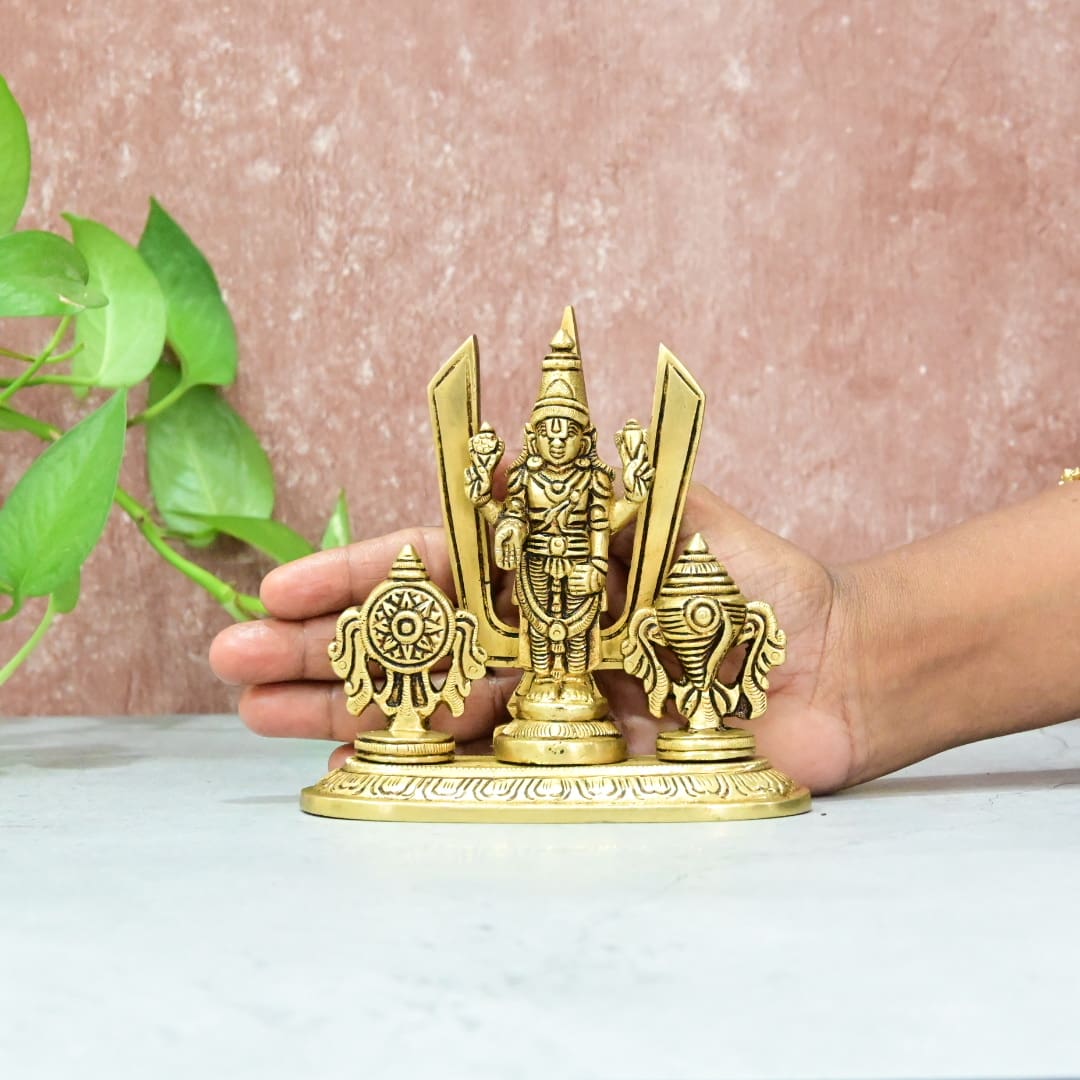 Brass Tirupati Balaji Idol stand with Sankha Chakra and Namah small size (780 Grams) Home Office Table Temple Decor and Pooja