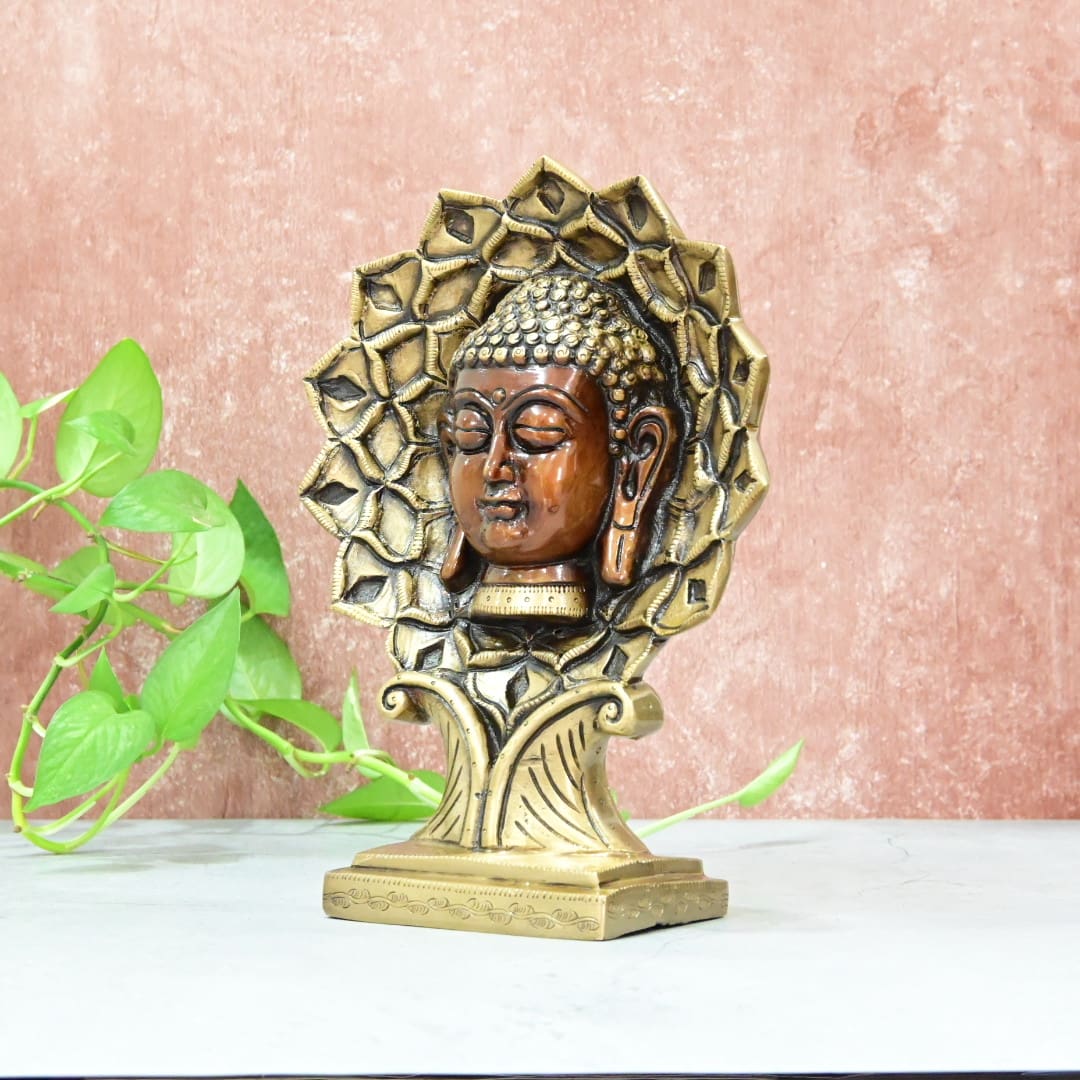 Brass Buddha Head Showpiece Home Decor Big Size (Copper finish) Lord Buddha Face in Lotus Statue Office Table Decorative Item