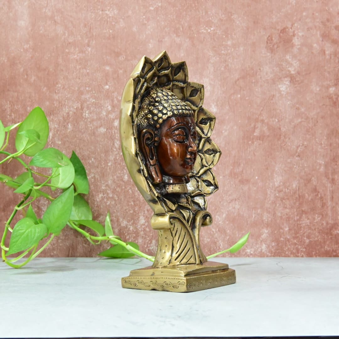 Brass Buddha Head Showpiece Home Decor Big Size (Copper finish) Lord Buddha Face in Lotus Statue Office Table Decorative Item