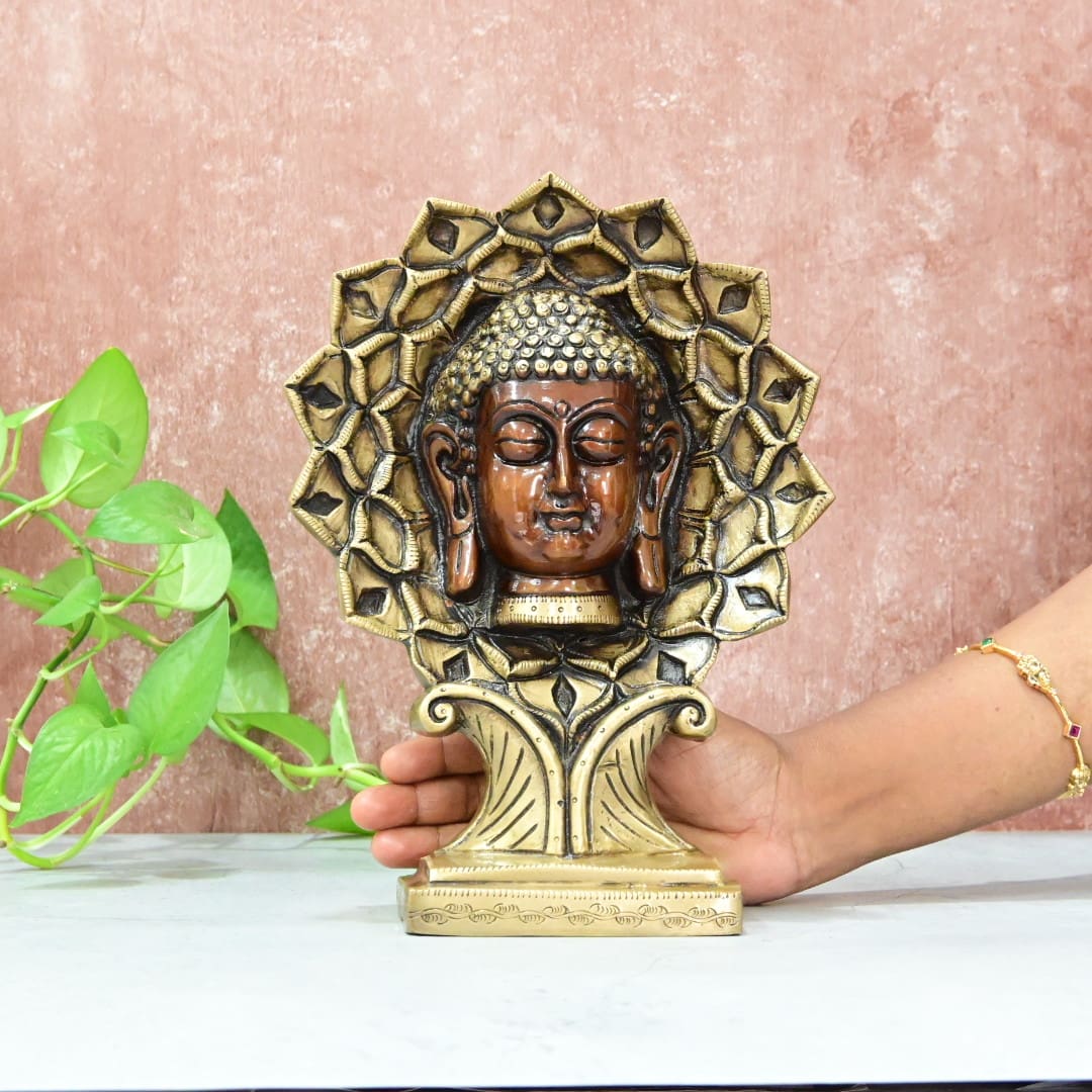 Brass Buddha Head Showpiece Home Decor Big Size (Copper finish) Lord Buddha Face in Lotus Statue Office Table Decorative Item