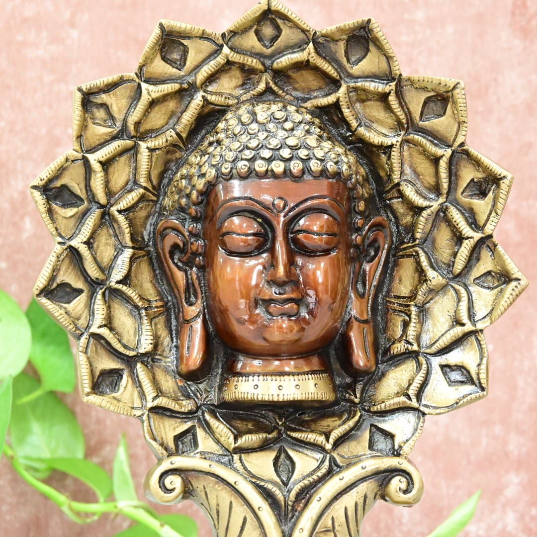 Brass Buddha Head Showpiece Home Decor Big Size (Copper finish) Lord Buddha Face in Lotus Statue Office Table Decorative Item