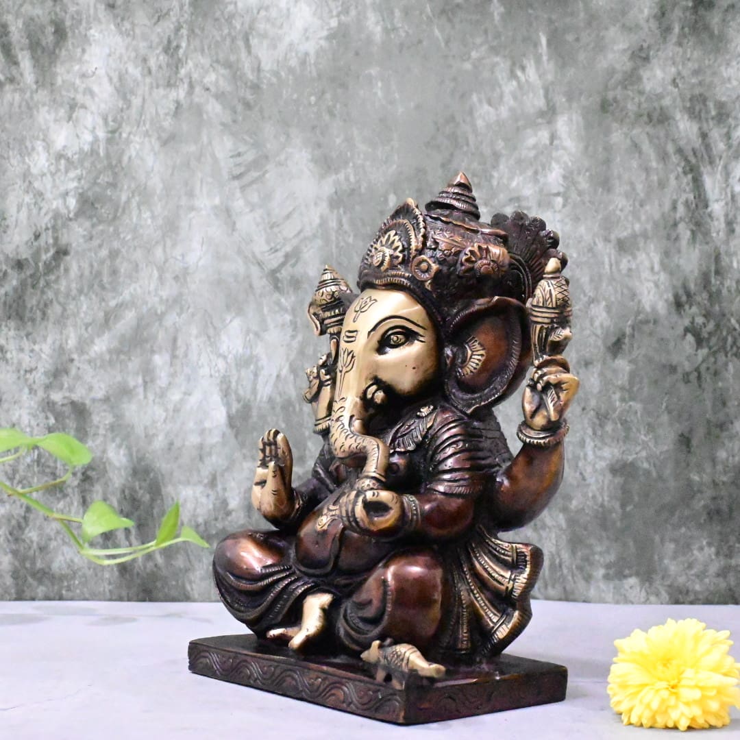Brass Ganesha Idol Big Size Antique Finish (9.5 Inch) Ganesh Murti Statue Home Decor Pooja Gift