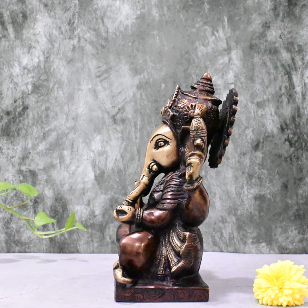 Brass Ganesha Idol Big Size Antique Finish (9.5 Inch) Ganesh Murti Statue Home Decor Pooja Gift