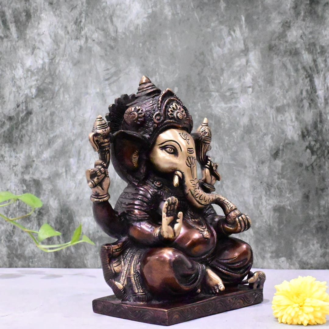 Brass Ganesha Idol Big Size Antique Finish (9.5 Inch) Ganesh Murti Statue Home Decor Pooja Gift