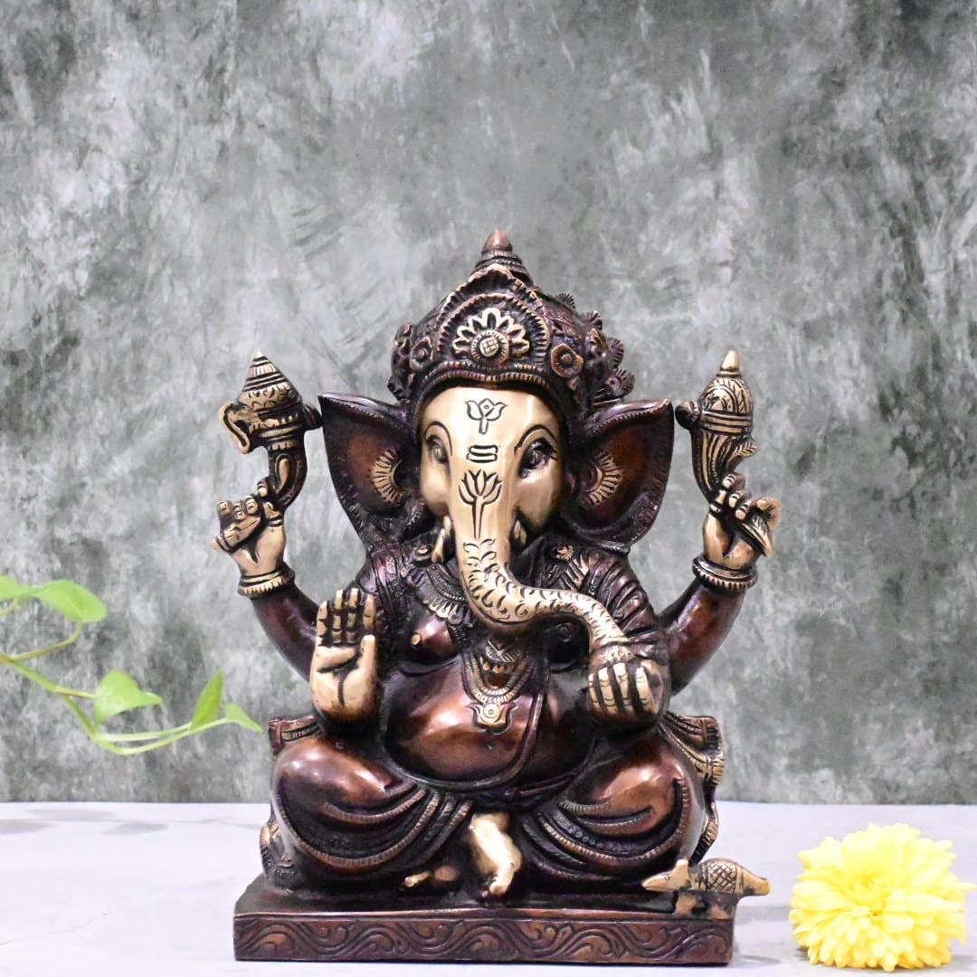 Brass Ganesha Idol Big Size Antique Finish (9.5 Inch) Ganesh Murti Statue Home Decor Pooja Gift