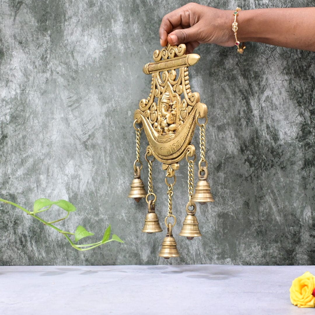 Brass Elephant Face Wall hanging with Bell Big Size (13 Inch) Lord Ganesh Home Pooja Mandir Decoration