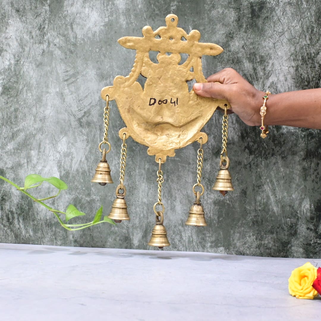 Brass Elephant Face Wall hanging with Bell Big Size (13 Inch) Lord Ganesh Home Pooja Mandir Decoration
