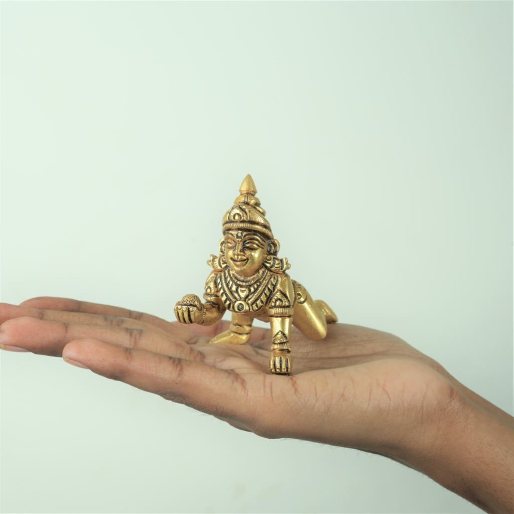 లడ్డూ గోపాల్ ఇత్తడి విగ్రహం (2 అంగుళాలు) ఇంటి ఆలయ పూజ మందిరం కోసం ఇత్తడి లడ్డూ గోపాల్ మూర్తి చిన్న పరిమాణం