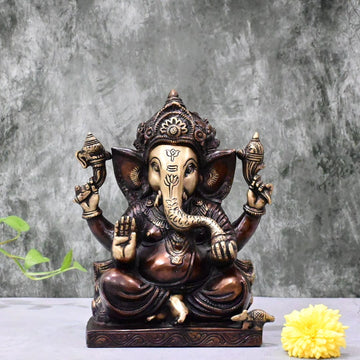 Brass Ganesha Idol Big Size Antique Finish (9.5 Inch) Ganesh Murti Statue Home Decor Pooja Gift