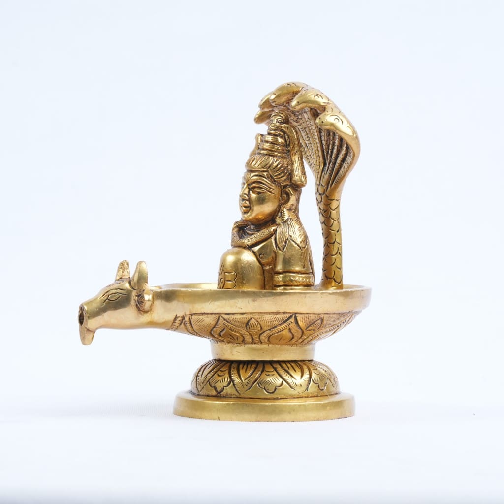 brass shivling with sheshnag shivji face brass (5") Abhishek Shivling with nandi home puja
