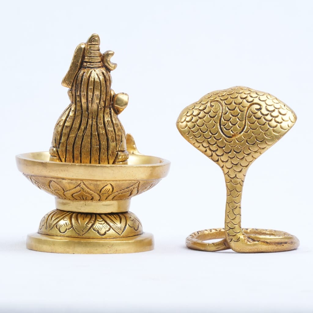 brass shivling with sheshnag shivji face brass (5") Abhishek Shivling with nandi home puja