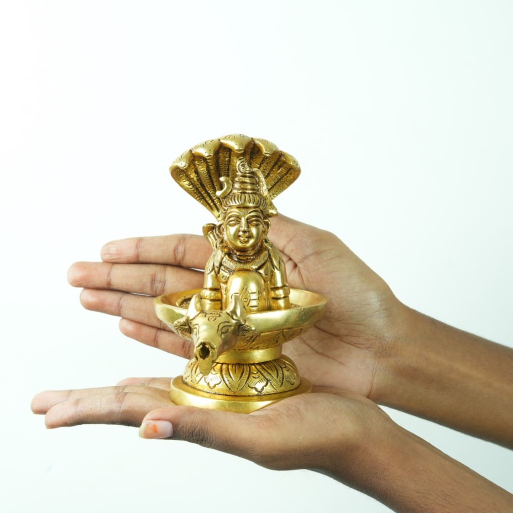 brass shivling with sheshnag shivji face brass (5") Abhishek Shivling with nandi home puja