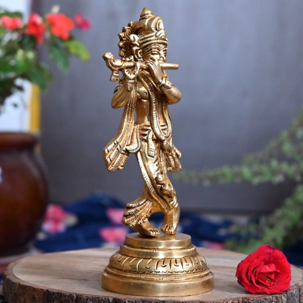 గృహాలంకరణ పూజ కోసం వేణువుతో కూడిన ఇత్తడి కృష్ణ మూర్తి విగ్రహం చిన్నది