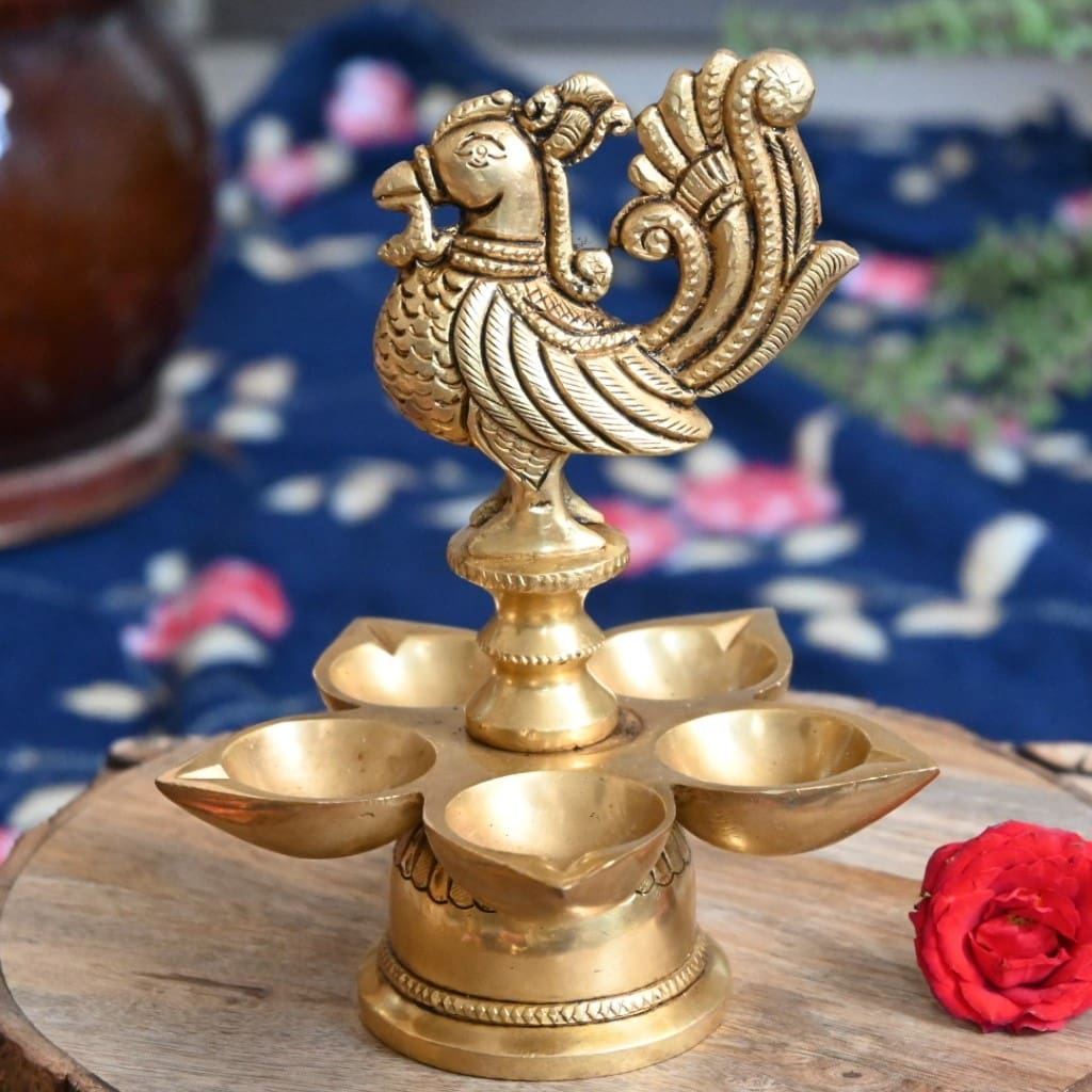 Peacock diyas in brass peacock diya stand for puja big size 5 wick home decor