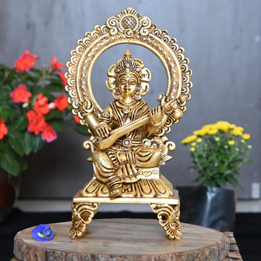Saraswati idol Murti brass home decor goddess (9.5 Inch, 2.1 Kg)