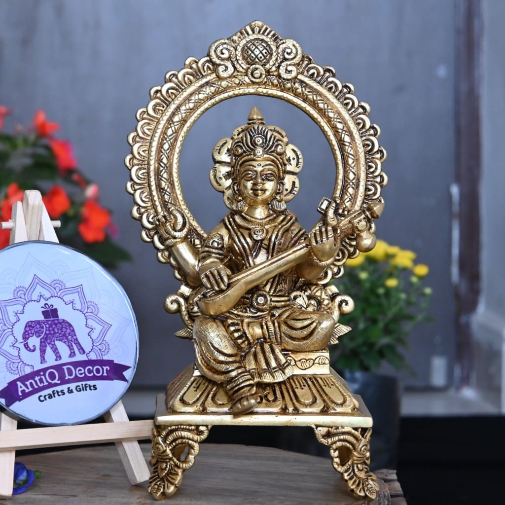 Saraswati idol Murti brass home decor goddess (9.5 Inch, 2.1 Kg)
