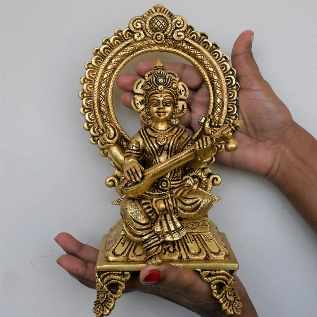 Saraswati idol Murti brass home decor goddess (9.5 Inch, 2.1 Kg)