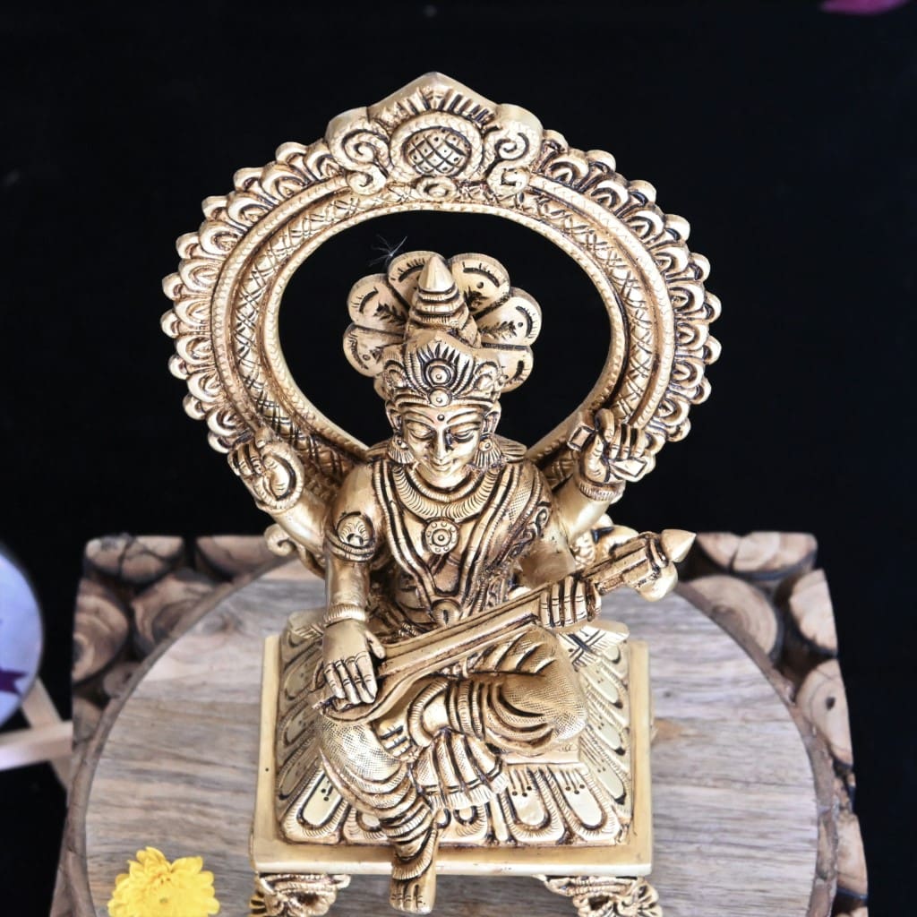 Saraswati idol Murti brass home decor goddess (9.5 Inch, 2.1 Kg)
