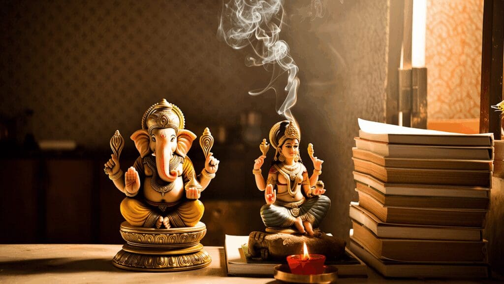 A family home with a daily pooja corner featuring small idols of Ganesha and Lakshmi, surrounded by incense and books