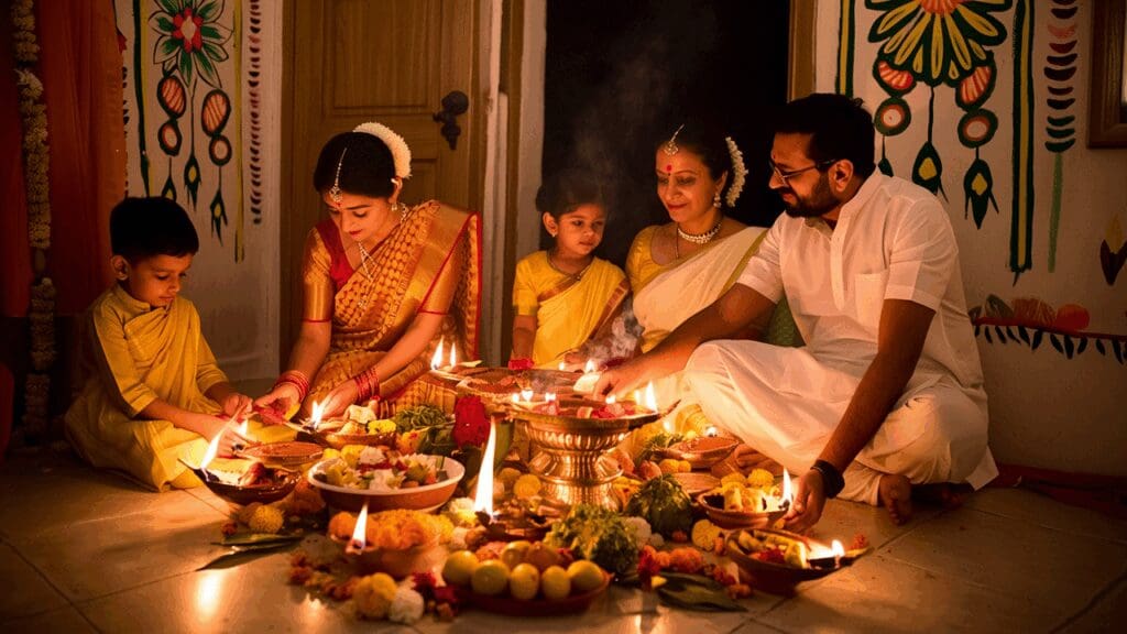 A Diwali night setting with thousands of diyas illuminating homes, and families performing Lakshmi Ganesh pooja in unison