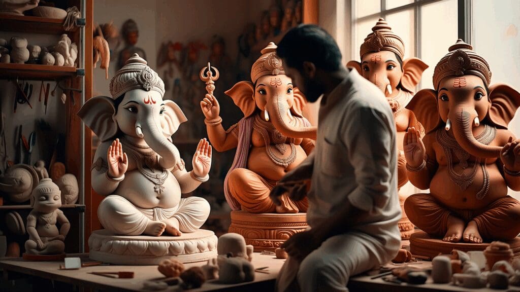 An artisan’s workshop where different Ganesh murtis — white, red, standing, seated — are carved from clay with divine precision