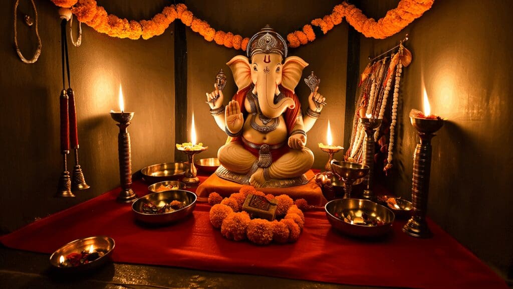 A traditional Indian pooja room corner decorated in marigold garlands with a serene white Ganesh idol facing west, backlit with a soft diya glow