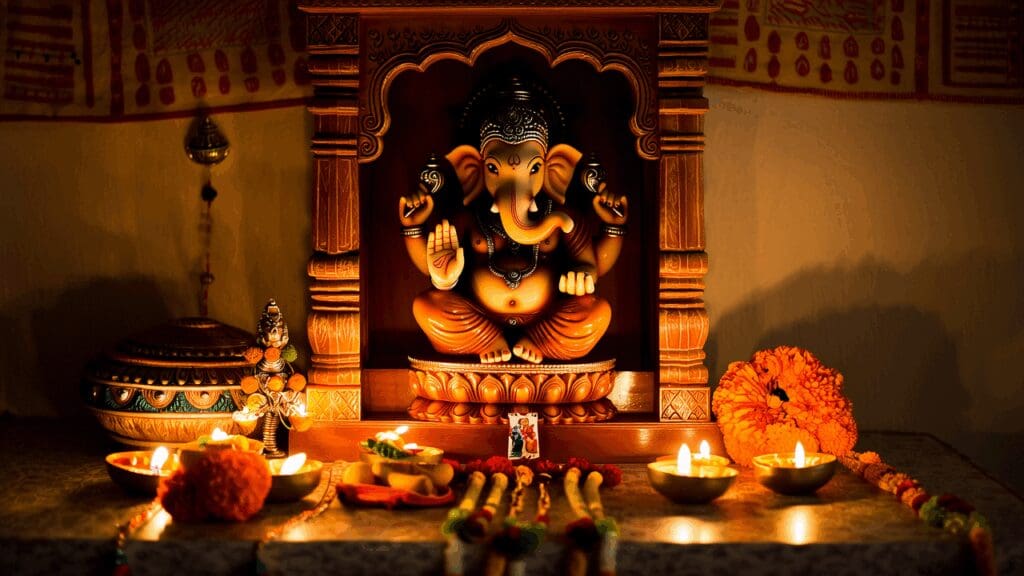 A spiritual home altar with a singular Ganesha idol surrounded by subtle lamps, and smaller decorative pieces placed gracefully in other parts of the home