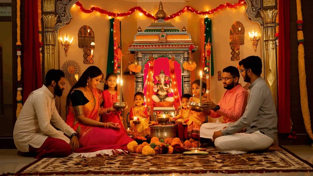 A family gathered during twilight, singing Ganesh Aarti together in front of a beautifully lit pooja space