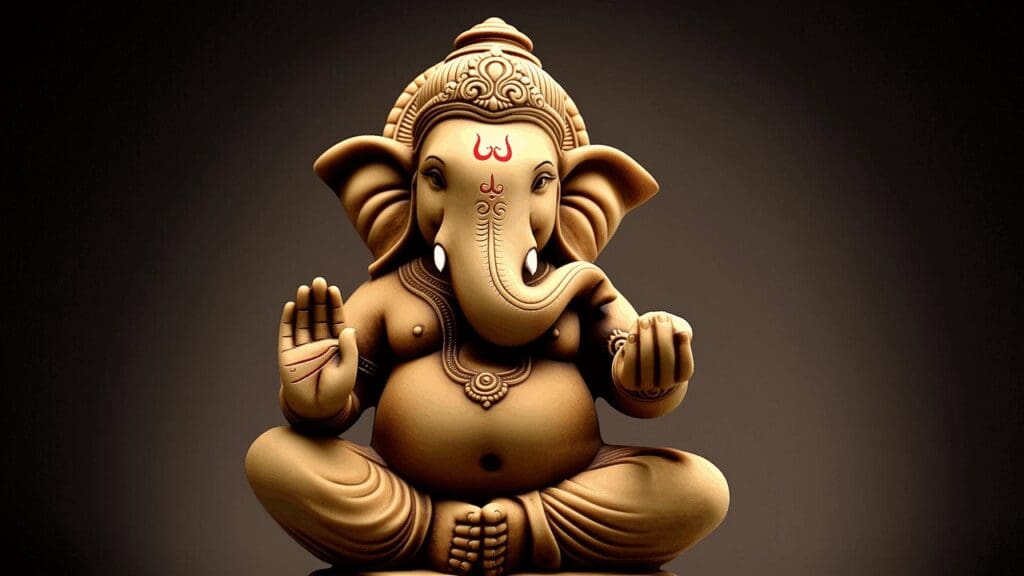 A close-up of a Ganesh murti in a meditative pose, with his trunk curling gently to the left, radiating a soft aura of peace and balance