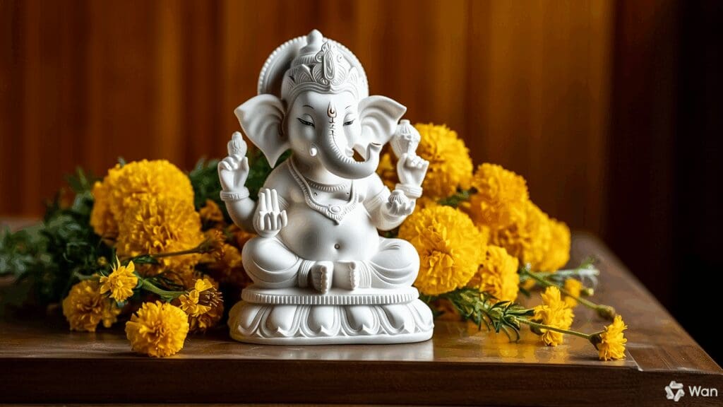 An elegantly arranged home altar with a serene white Ganesha idol, his trunk curving left, surrounded by incense and yellow marigolds