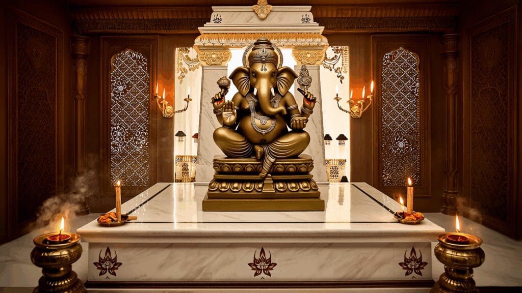 A Vastu-aligned prayer room with traditional decor and a sitting Ganesha idol placed on a marble platform facing the entrance