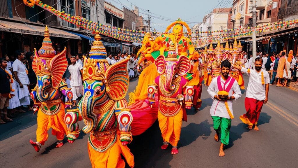 A colorful Ganesh Chaturthi procession in Maharashtra, where vibrant idols with both left and right trunk directions are carried amidst chants and music