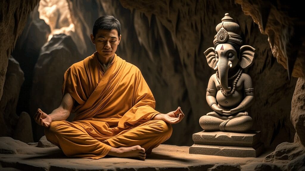 A yogi meditating in a Himalayan cave before a small stone Ganesha with a centered trunk, bathed in natural light