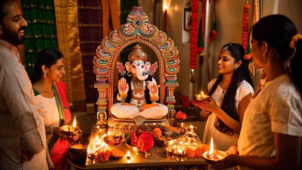 A family gathered in evening prayer, singing Ganesh Aarti with joy, before a delicately adorned idol of Lord Ganesh