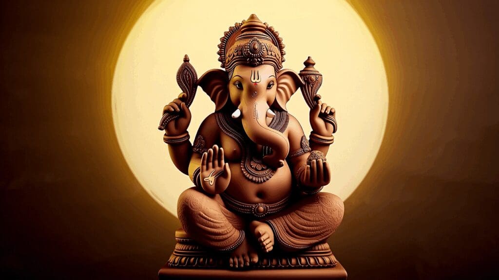 A radiant child-like idol of Ganesha made of clay, emerging from a soft golden aura, surrounded by celestial figures