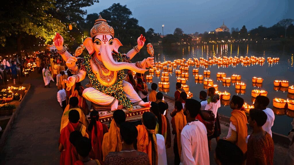A procession of devotees carrying a Ganesha idol through vibrant streets, culminating in a serene lake surrounded by lamps and music
