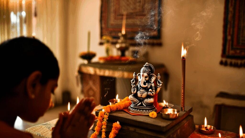 A simple home altar with a small silver Ganesha idol, incense curling in the air as a devotee prays quietly during a monthly Vinayaka Chaturthi