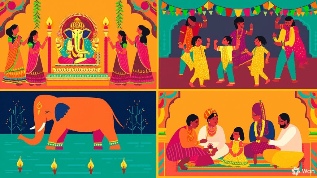 A collage of four festive scenes from different Indian regions, each showcasing their unique Ganesh Chaturthi celebration style
