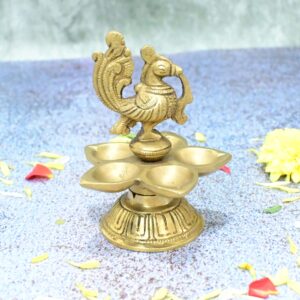 Brass Diya for Puja Small size (4.5 Inch) Peacock Five Wick Oil Lamp Vilakku Deepam Stand for Diwali Home Temple Decoration Pooja Mandir Living Room