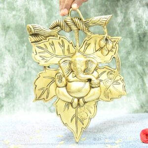 Brass Wall Hanging Ganesh for Pooja Room Home Decoration (7 Inch) LEAF Ganpati Decor Puja Mandir Main Entrance Door Big Size Vinayagar Ganesha